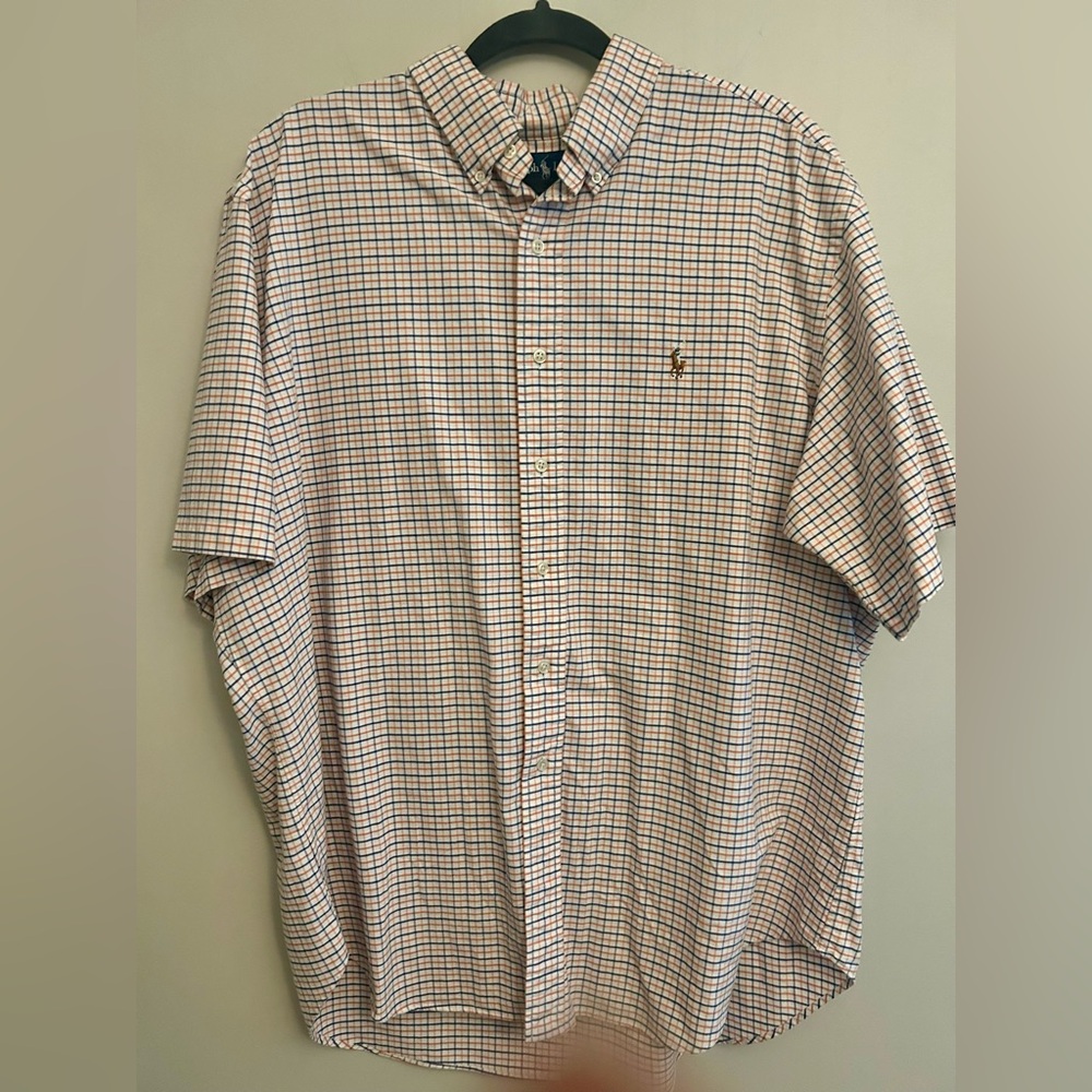 Ralph Lauren Short Sleeve Classic Fit Button Down Shirt Orange & Blue XXL